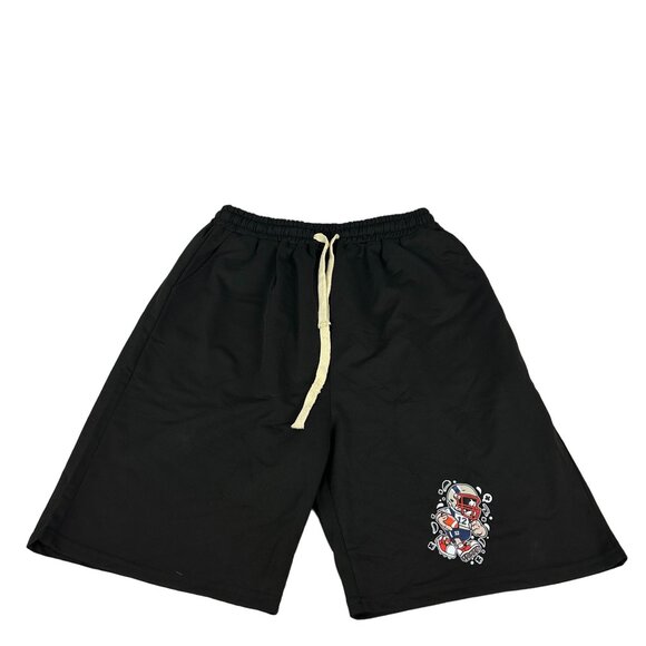 Mens Black Drawstring Sports Shorts With Cartoon Football Print - Size L - Picture 1 of 4